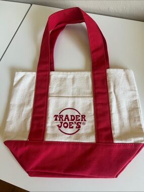 Trader Joe's Red and Cream Canvas Tote Bag